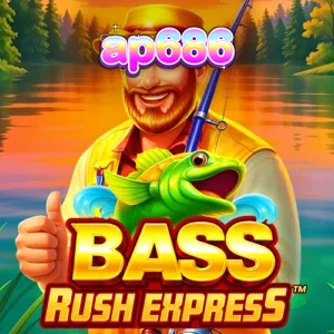 Tampilan layar permainan slot Bass Rush Express dengan tema memancing di danau.